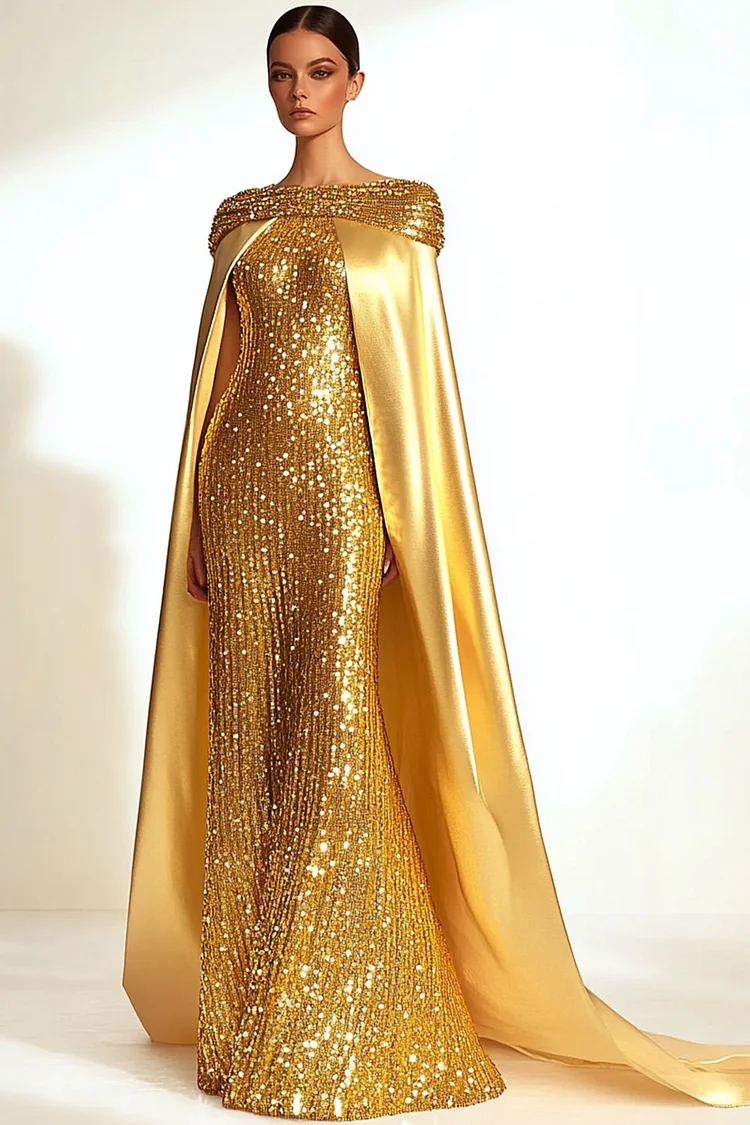 Off The Shoulder Cape Sleeve Sequin Maxi Dress-Gold [Custom-Made]