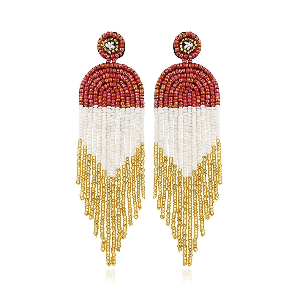 Dvacaman Bohemian Colourful Weave Beaded Flower Statement Drop Earrings Women Ethnic Handmade Seed Beads Dangle Earrings Jewelry