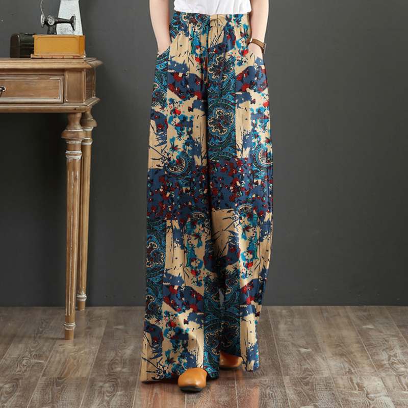 Bohemian Vintage Long Pants ZANZEA Women Wide Leg Trousers Summer High Waist Printed Pantalon Female Elegant Work Palazzo Capris