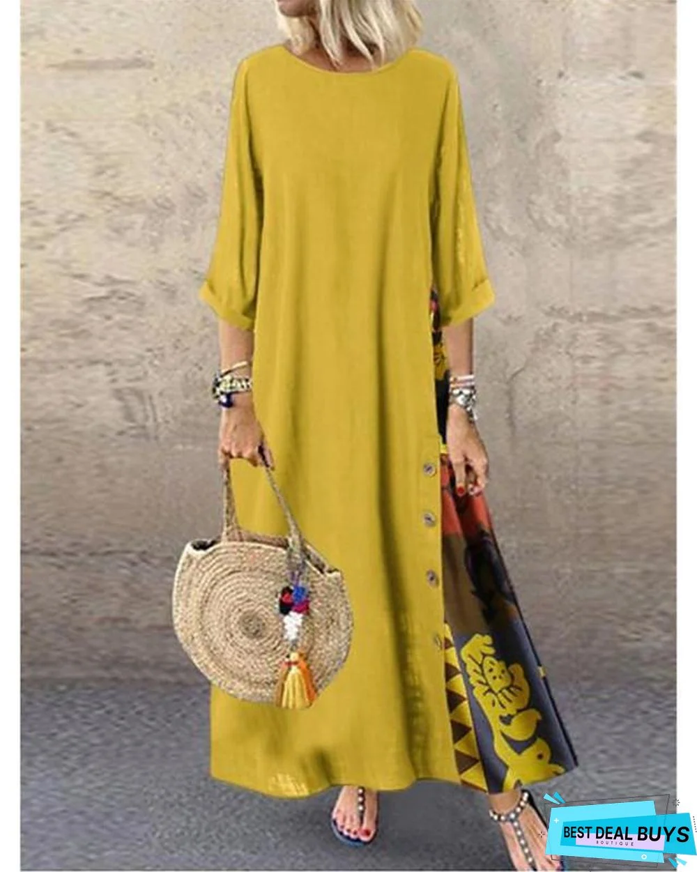 Women's Swing Dress Maxi Long Dress - 3/4 Length Sleeve Print Spring & Summer Hot Casual Holiday Vacation Dresses Loose Red Yellow Wine Army Green Navy Blue Gray L