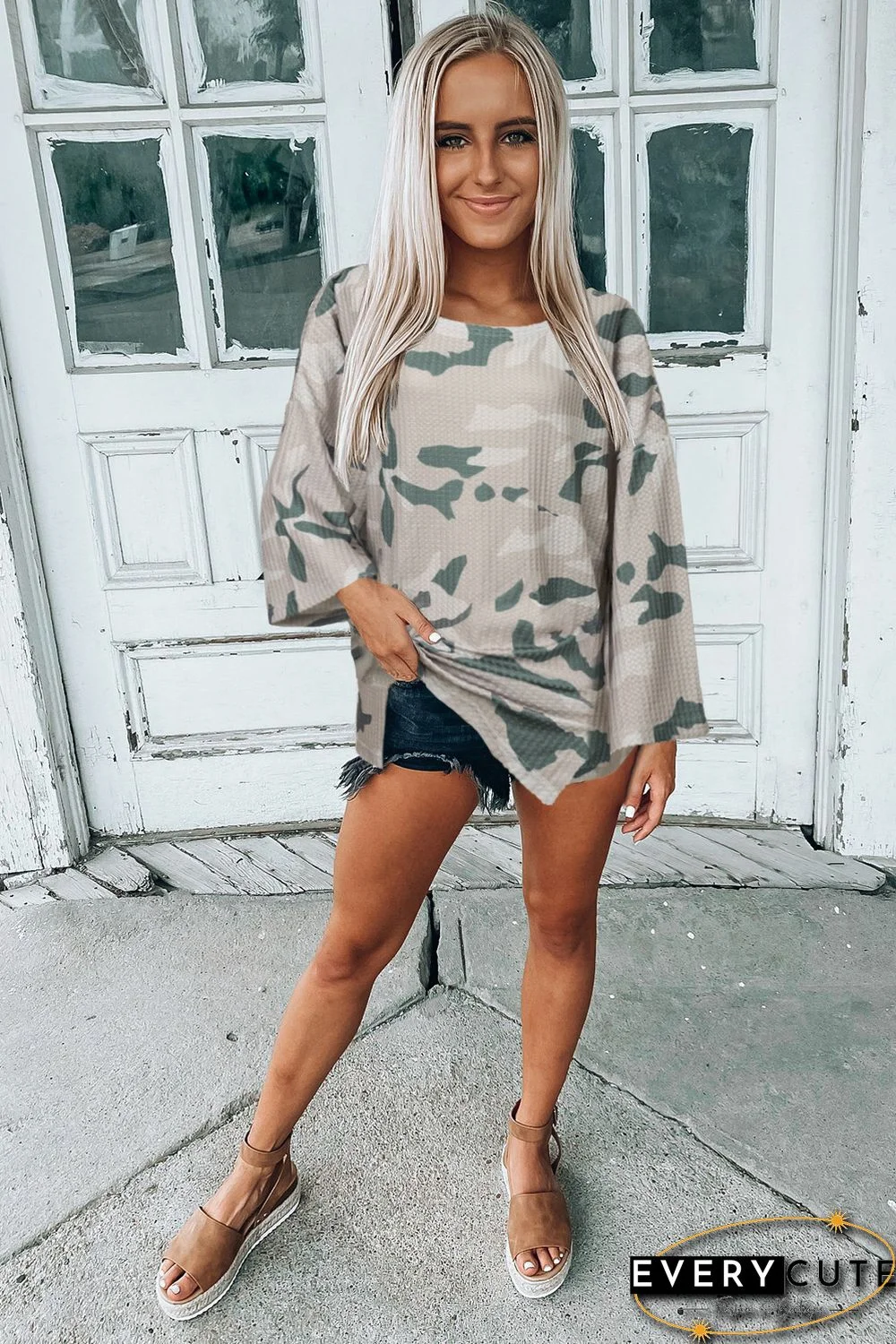 Oversize Camo Print Long Sleeve Top