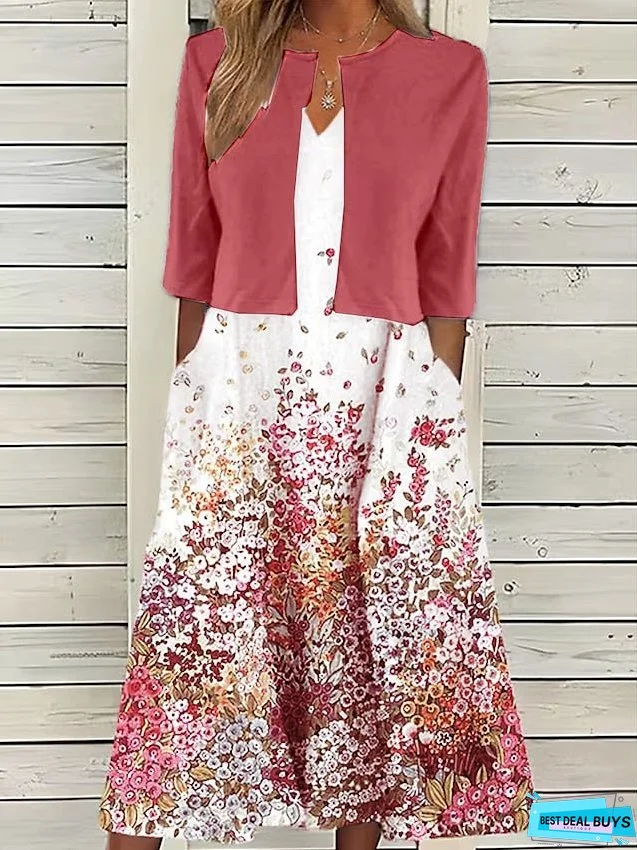 Women's Two Piece Dress Set Casual Dress Print Dress Outdoor Daily Active Modern Pocket Print Midi Dress V Neck Half Sleeve Floral Regular Fit White Red Green Summer Spring S M L XL XXL