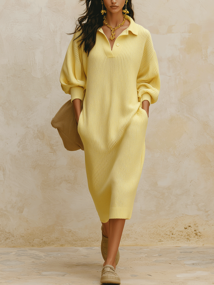 Women's Oversized Ribbed Knit Polo Collar Sweater Dress Long Sleeve Midi Dress