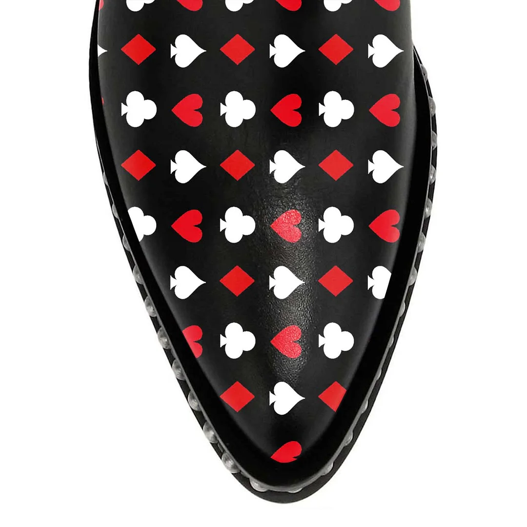 Poker Print Studded Buckle Strap Pointed Toe Chunky Heeled Booties