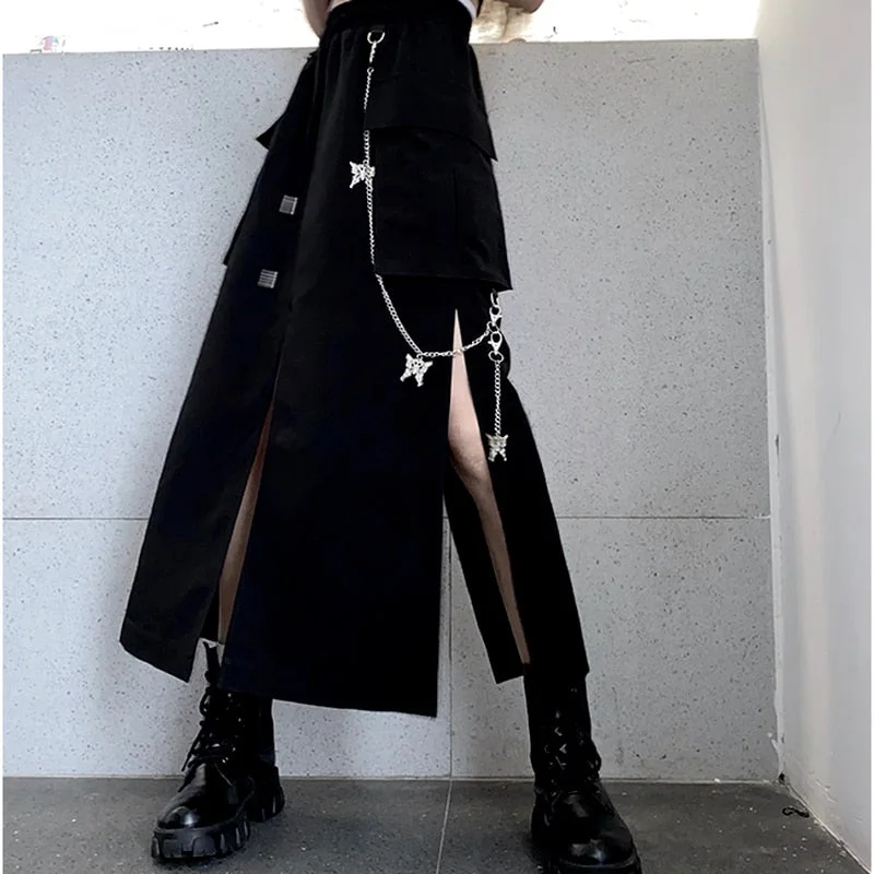 HOUZHOU Gothic Long Skirt Techwear Women Punk High Split Butterfly Chain Black Cargo Skirt Mall Goth Summer Harajuku Streetwear