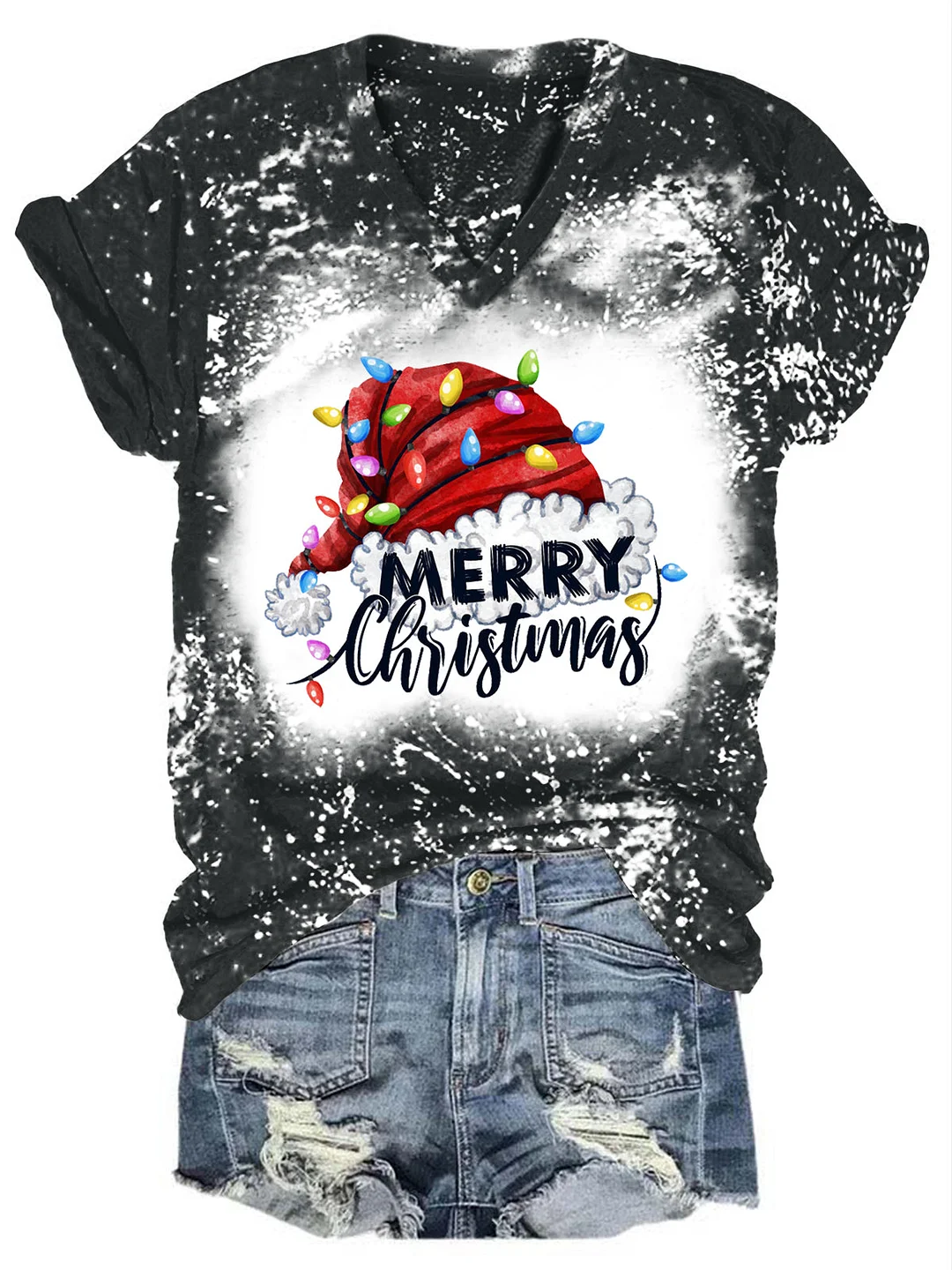 Merry Christmas Lights Santa Hat Print V-neck T-shirt