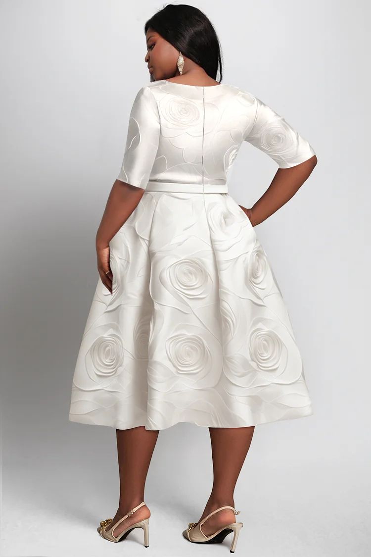 Xpluswear Design Plus Size Wedding Guest White Round Neck Short Sleeve Pocket Midi Dresses [Pre-Order]