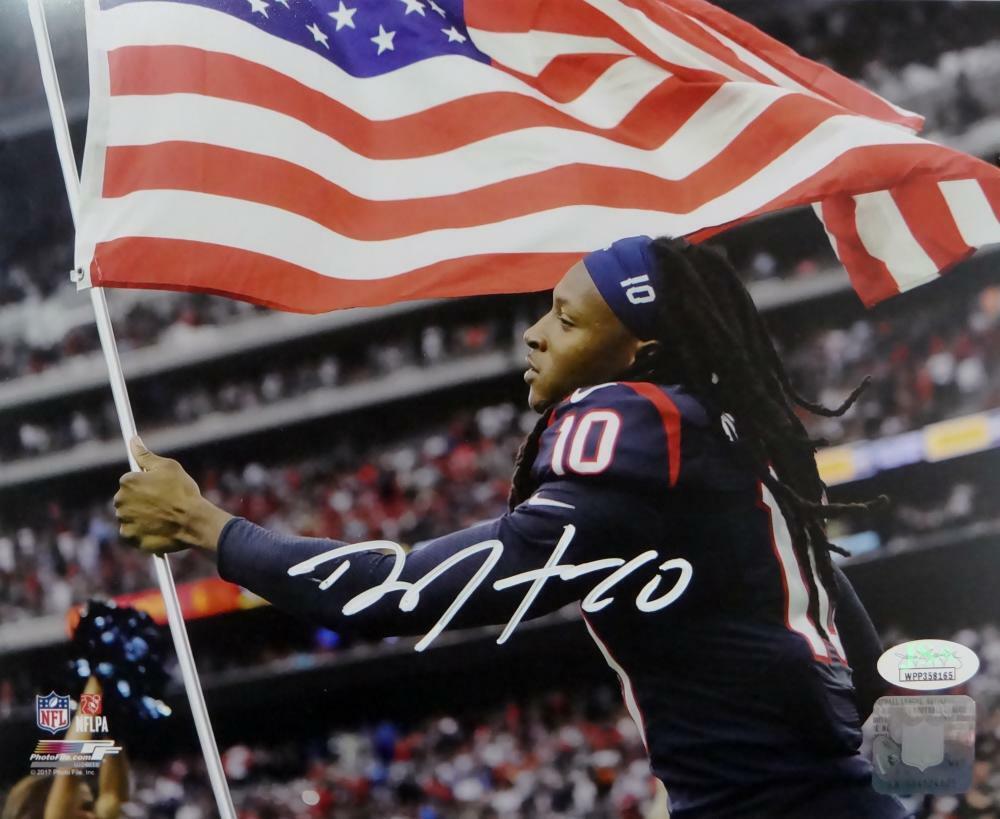 DeAndre Hopkins Signed Texans 8x10 w/ Flag PF Photo Poster painting- JSA W Auth *White