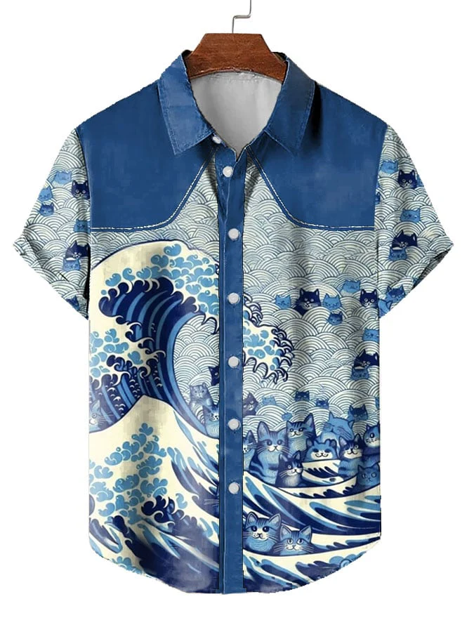 Men's Blue Waves&cats Print Shirt