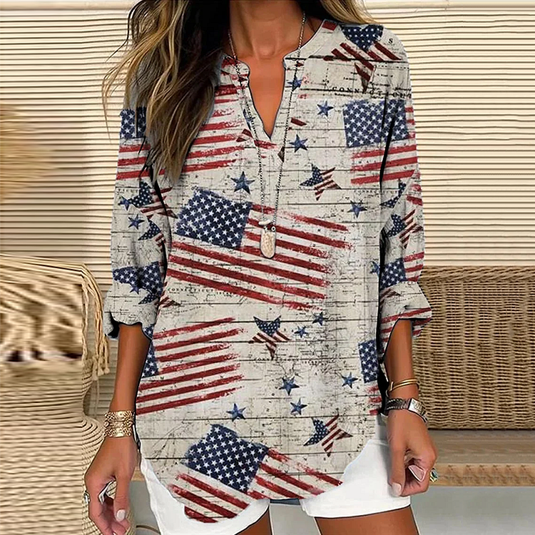 Women's Independence Day America Flag Print Casual Short Sleeve Shirt