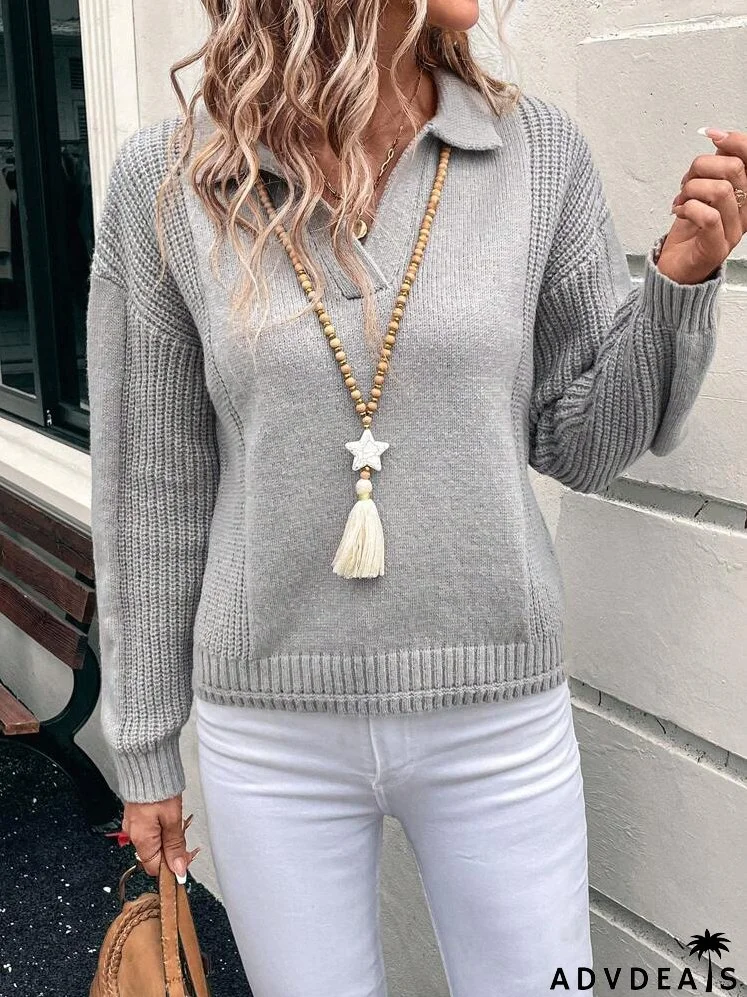 Women's Solid-Color Oversized Casual Knit Sweater With Lapel, Autumn & Winter