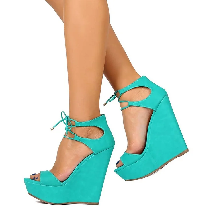 Turquoise Wedge Sandals Open Toe Platform Vegan Suede Front Lace up Sandals |FSJ Shoes