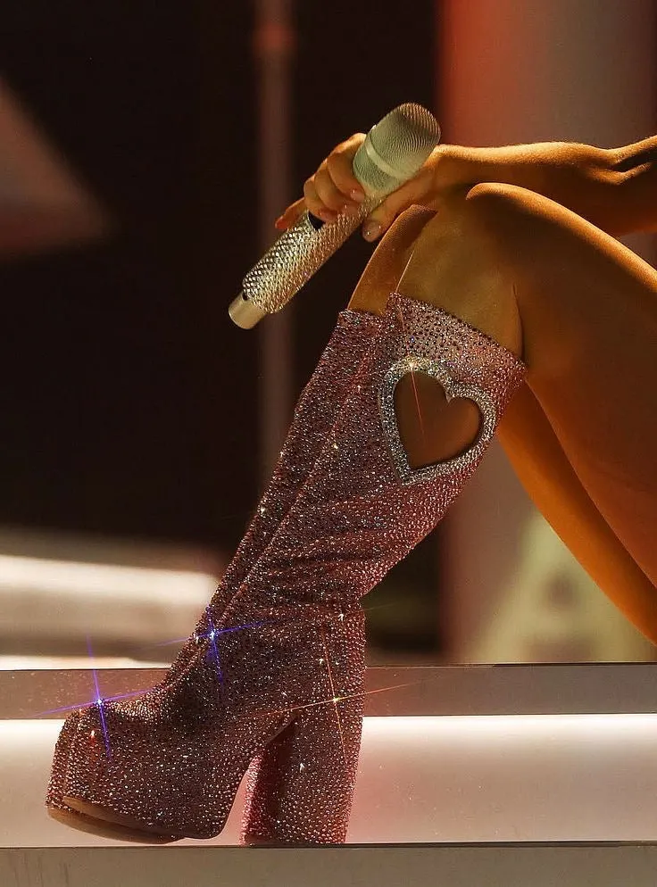 Crystal Studded Heart Cutout Chunky Platform Boots
