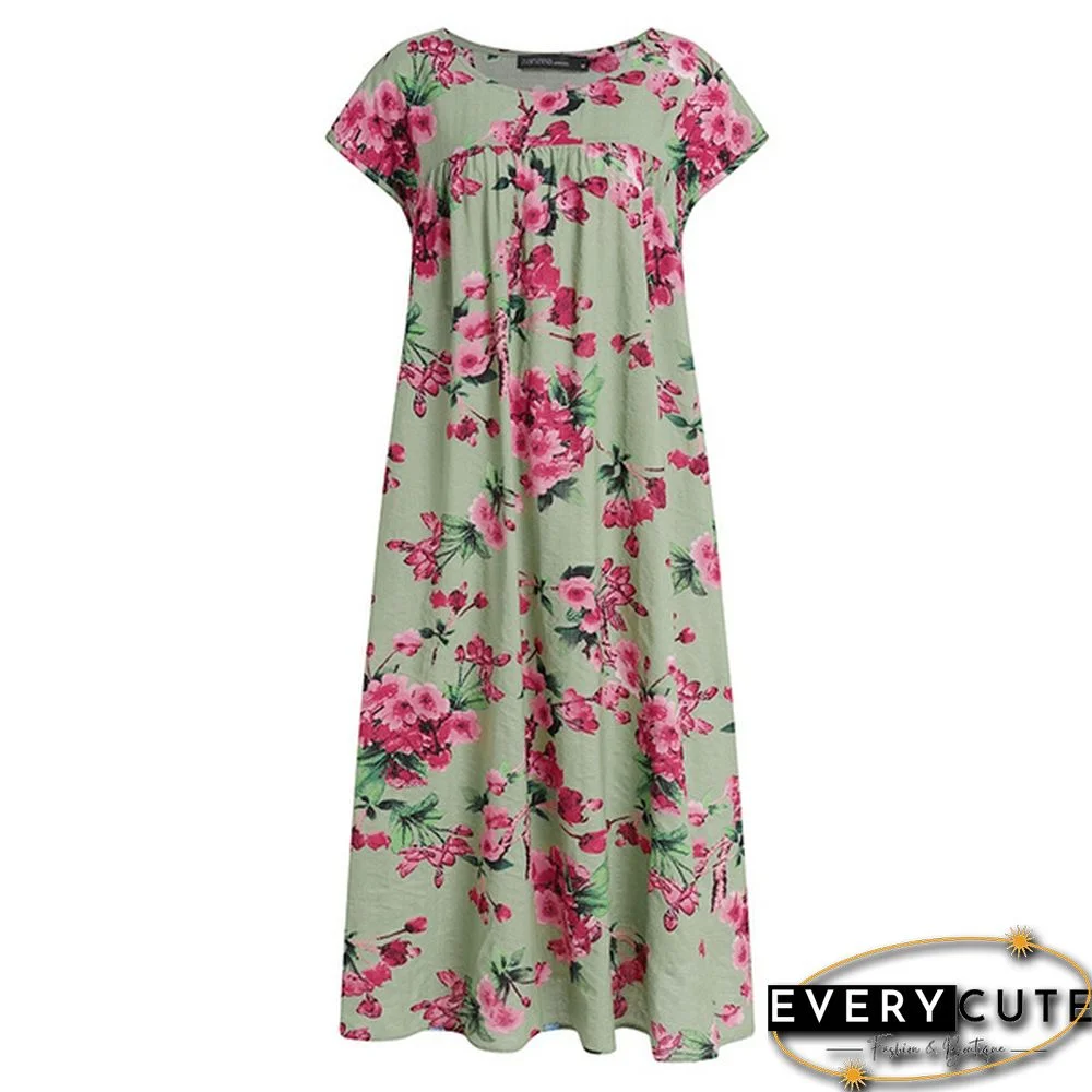 Women Summer Short Sleeve Crew Neck Loose Baggy Floral Printed Long Midi Shirt Dress Holiday Plus