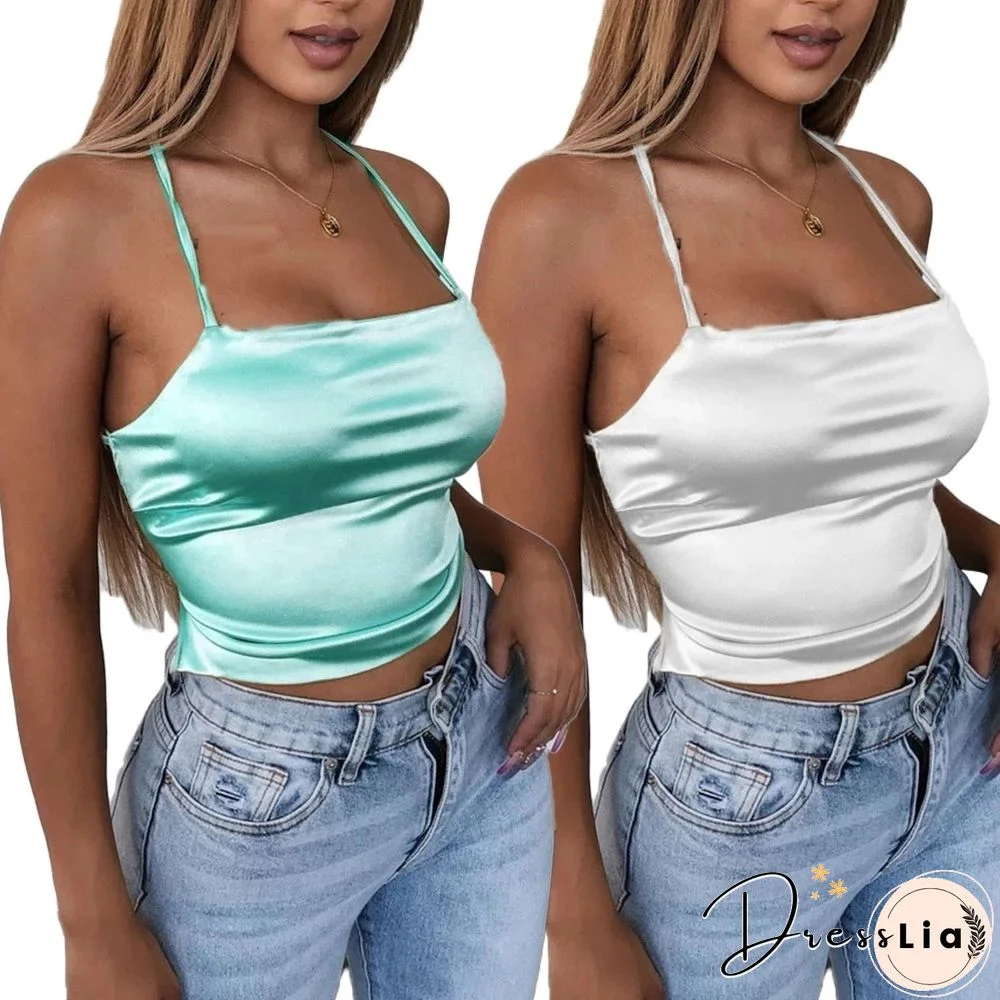 High Quality New Fashion Women Sexy Style Satin Silk Backless Back Bandage Vest Blouse Tops Strappy Summer Beach Cami Tank