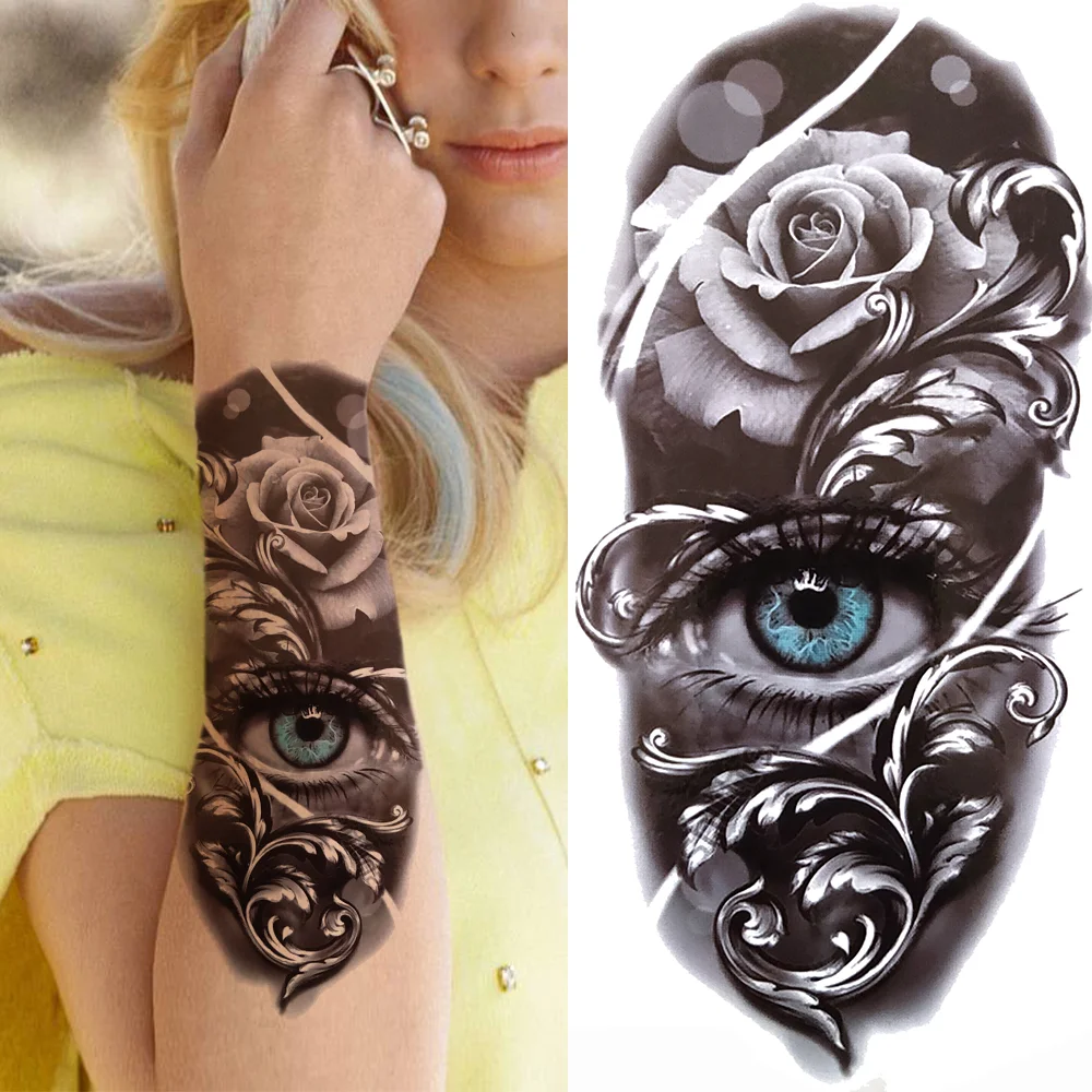 Sdrawing Lion Flower Temporary Tattoos For Women Men Kids Boy Black Tiger Skeleton Tattoo Sticker Fake Compass Tatoos Half Sleeve