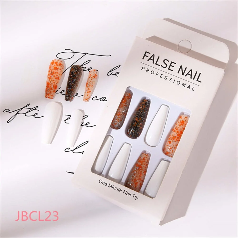 24 Pcs Long Design Ballet Coffin Fake Nails Sequins False Nail Artificial Plastic Press On False Nail Tips Manicure Nail Art