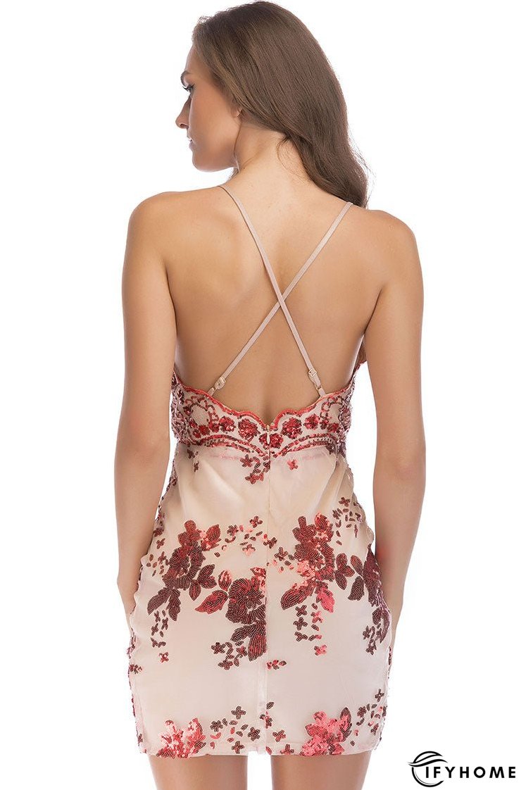 Sexy Scalloped Deep V High Split Sequin Lace Fitted Club Mini Dress - Red | IFYHOME