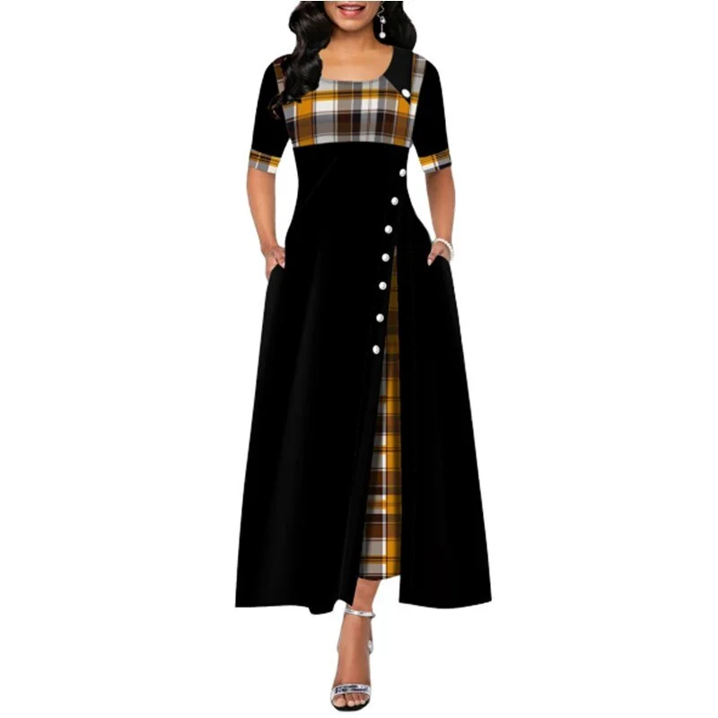 Elegant Long Maxi Dress Women Vintage Plaid Office Lady Dress Summer Half Sleeve O-Neck Button Party Dress Female Robe Plus Size