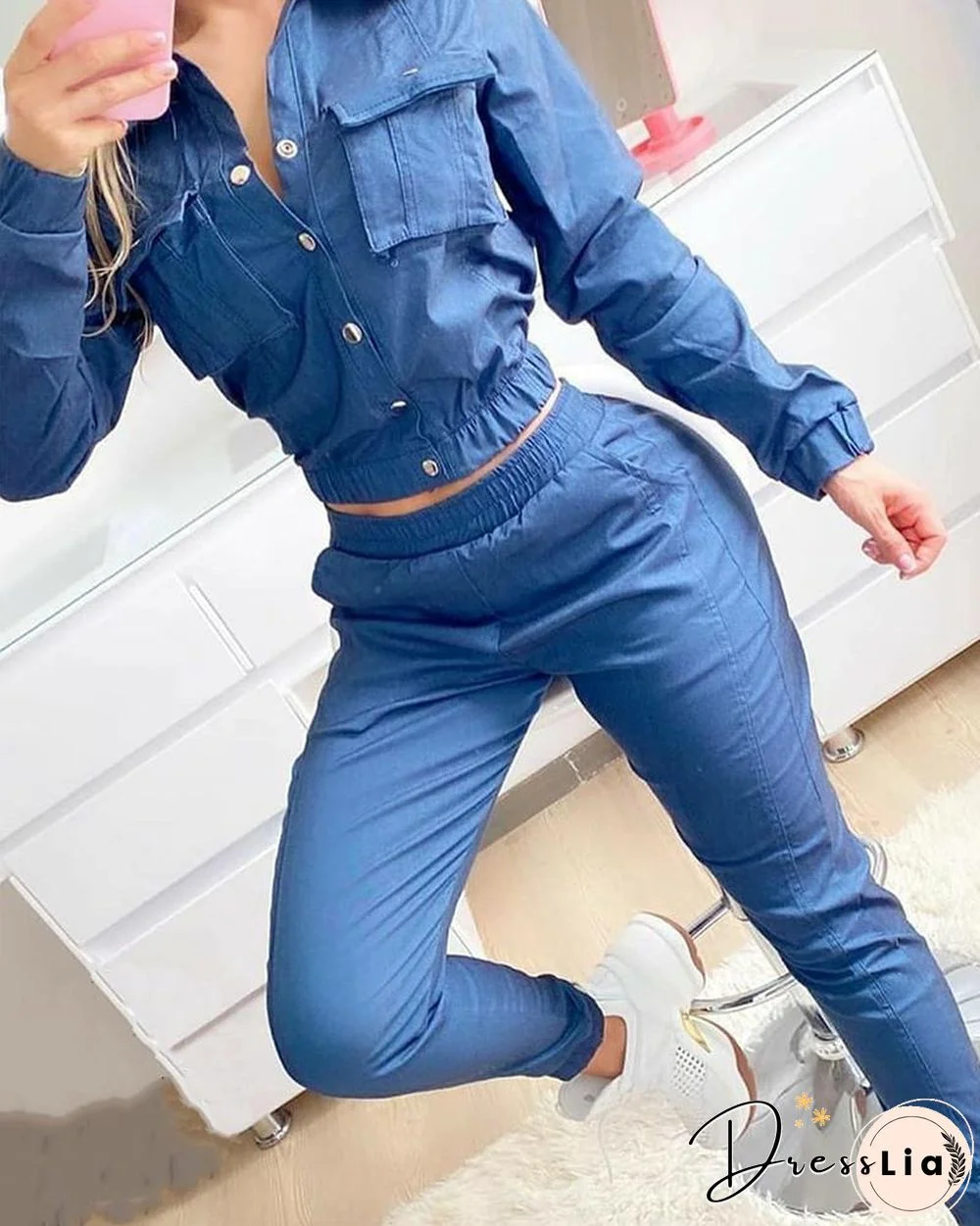 Solid Long Sleeve Fitting Denim Suit Sets