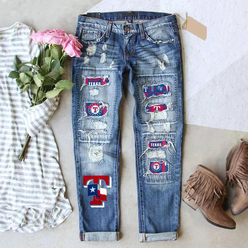 STRETCH RIPPED FRAYED RAW HEM DISTRESSED DENIM JEANS WITH HOLE