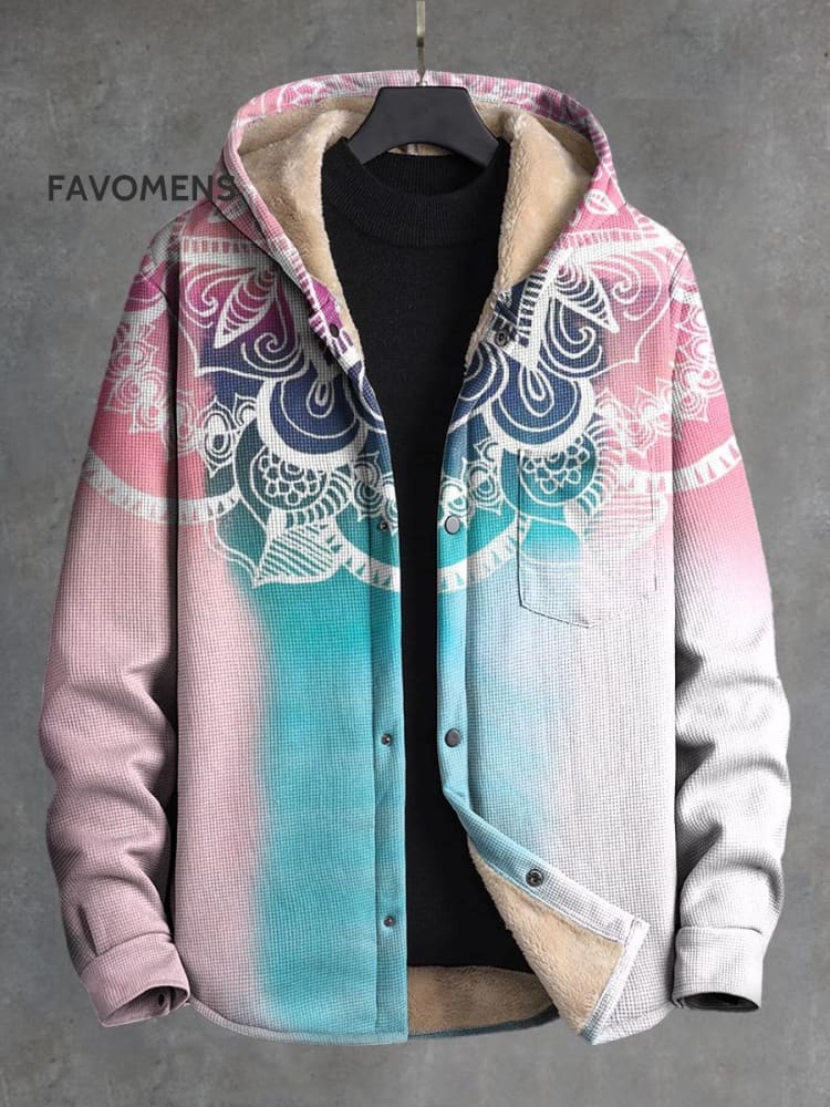 Vintage Pink Mandala Print Waffle Plush Thickened Long Sleeve Hooded Jacket Multicolor / S
