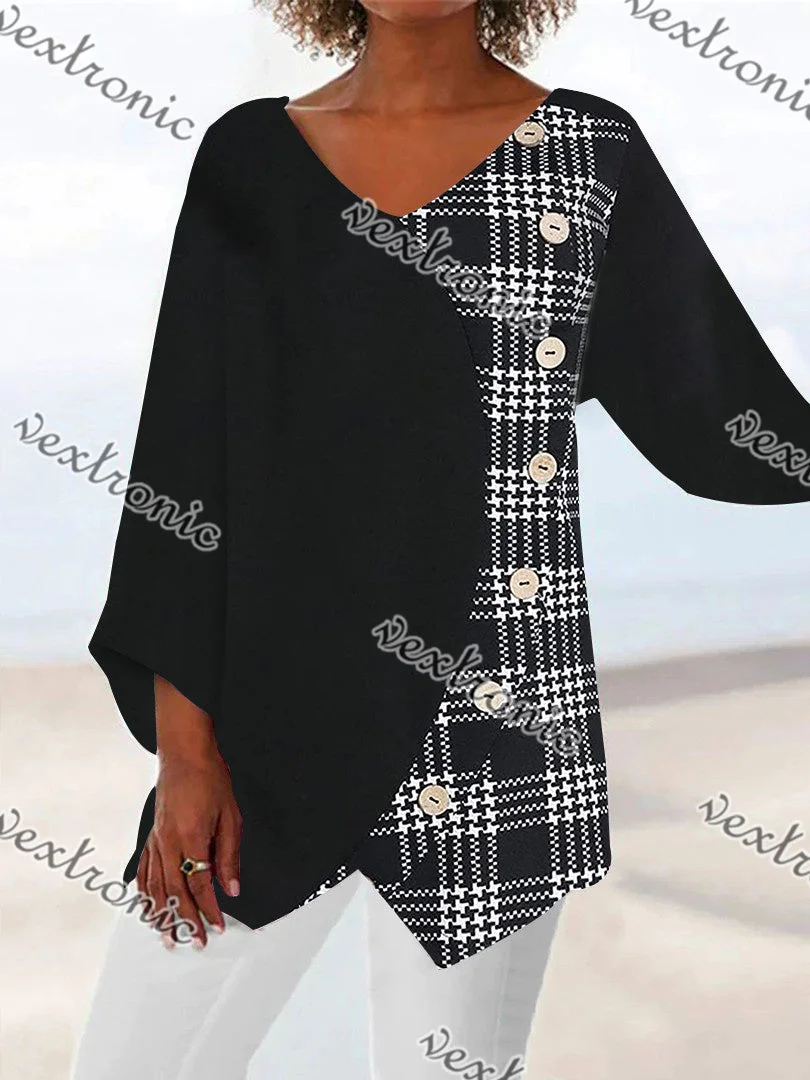 Women Asymmetrical 3/4 Sleeve V-neck Plaid Stitching Tops