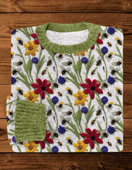 VChics Wildflowers and Bees Embroidery Art Cozy Knit Sweater