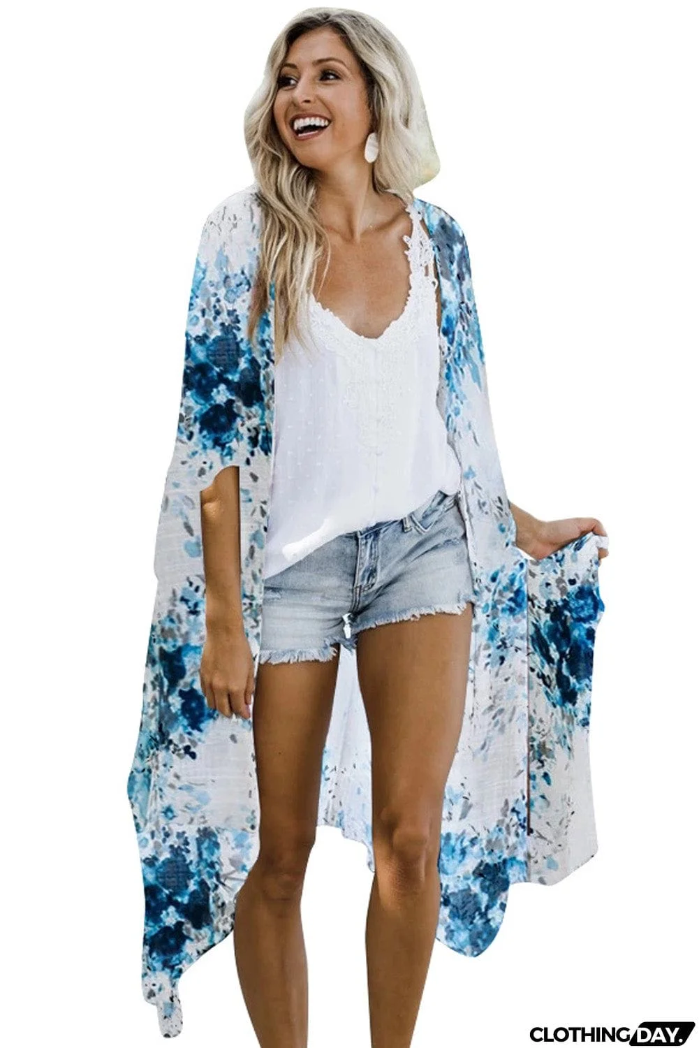 Floral Kimono Sleeves Chiffon Loose Beach Cover Up