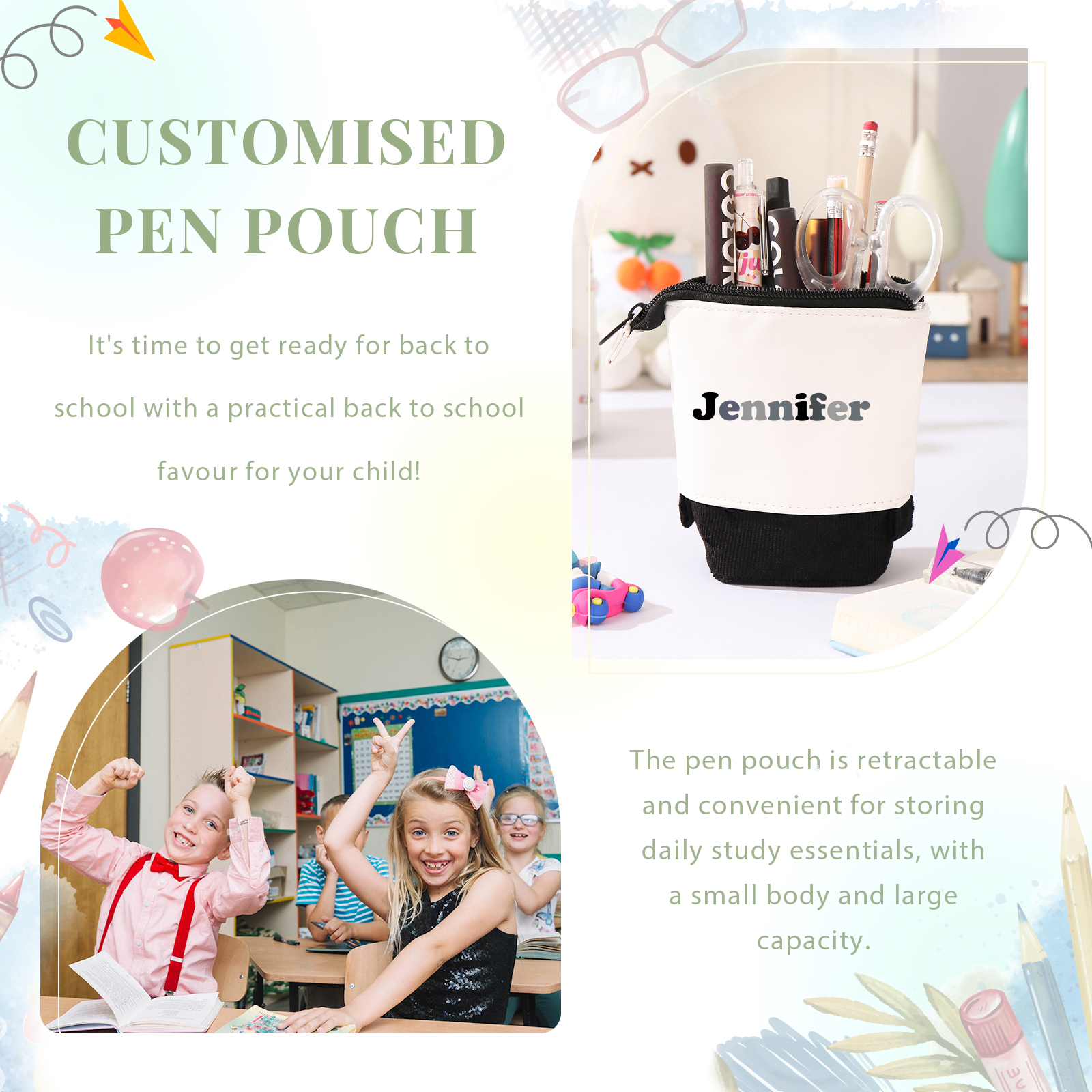Astuccio per matite personalizzato con 1 nome colorato per scuola elementare bambini