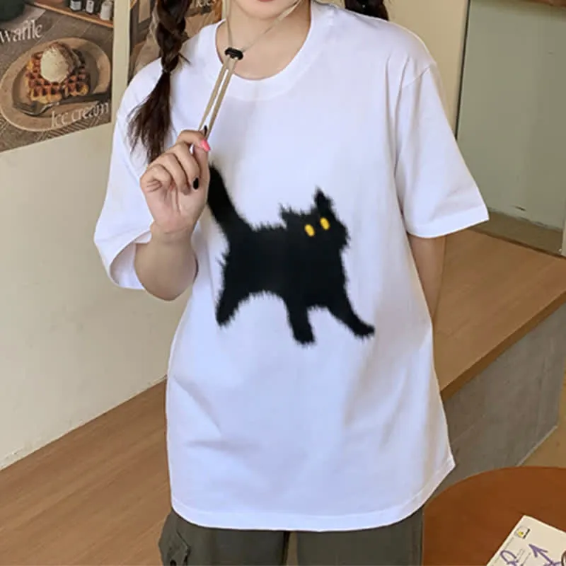 Cartoon Cat Print Round Collar Oversized T-Shirt