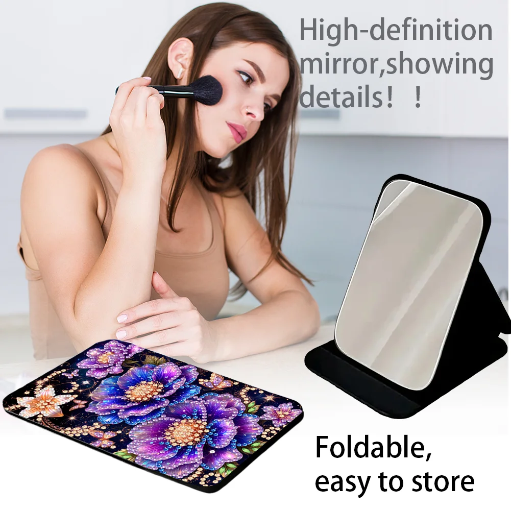 DIY Diamond Art Shiny Crystal Mirror Lightweight Standing Makeup Mirror (Flower)