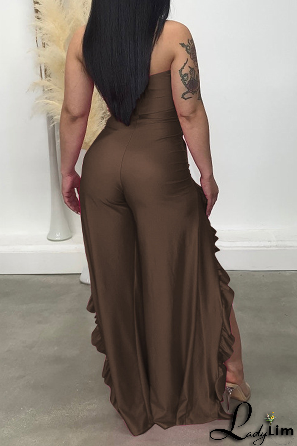 Black Sexy Print Flounce Strapless Boot Cut Jumpsuits