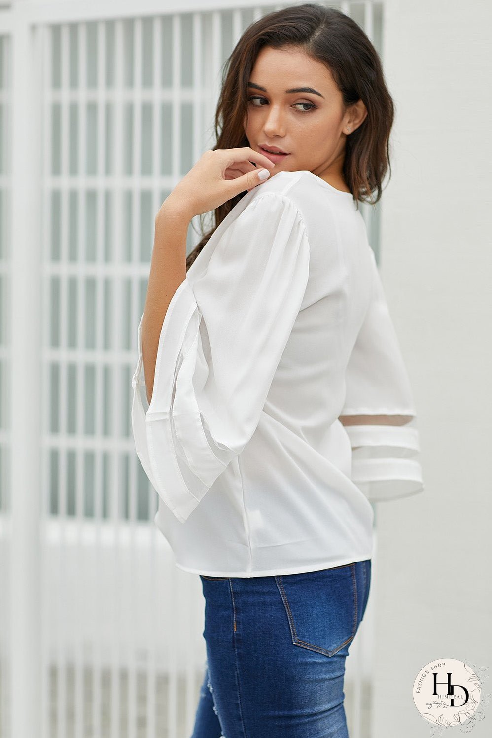 White Flare Sleeve V Neck Sheer Insert Blouse
