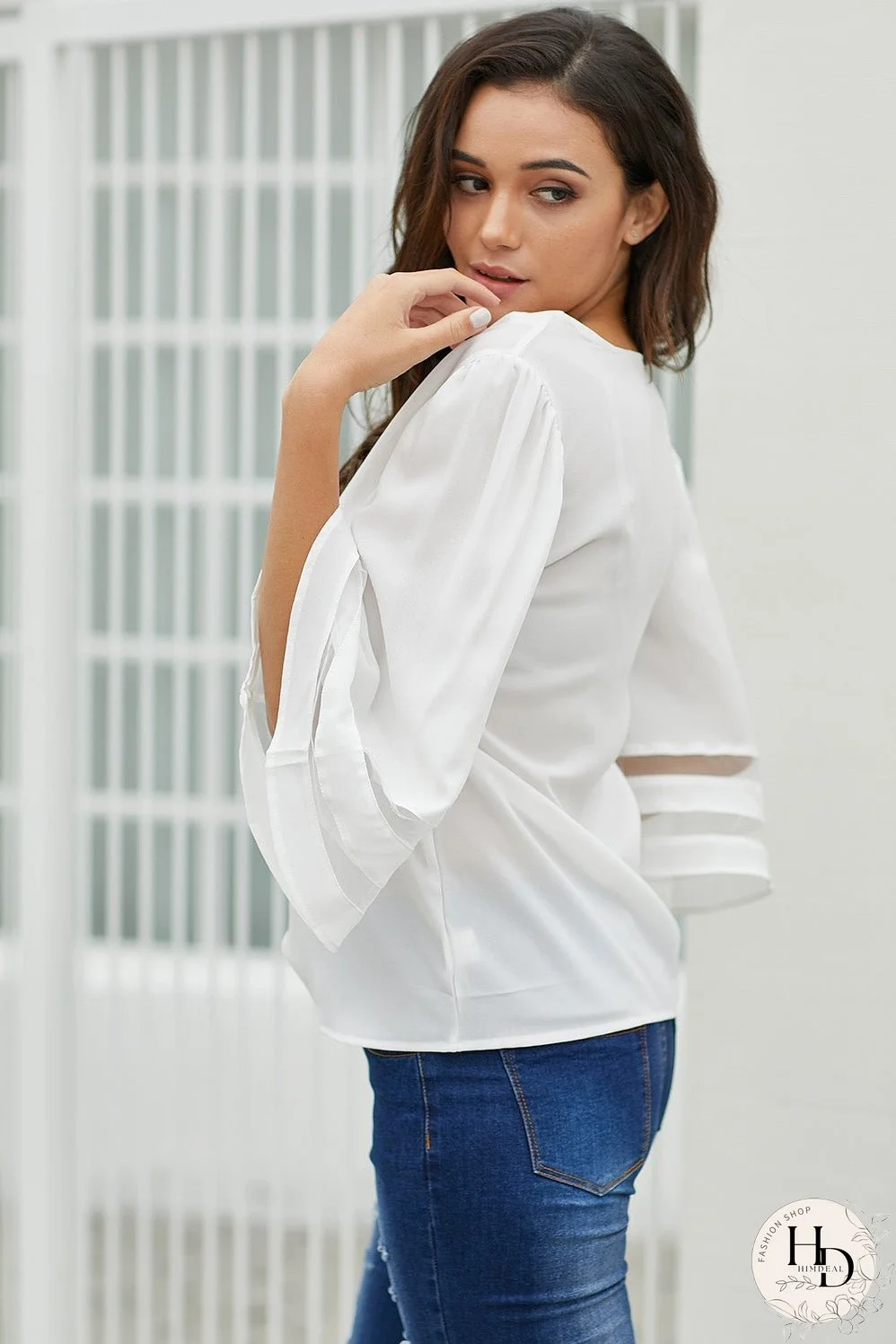 White Flare Sleeve V Neck Sheer Insert Blouse