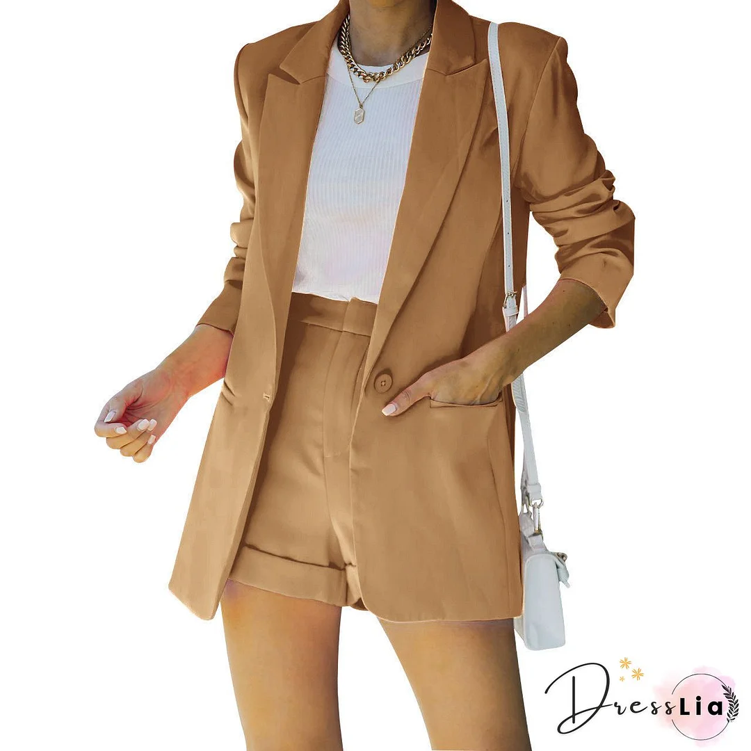 Solid Color Office Lady Blazer Two Piece Shorts Suit