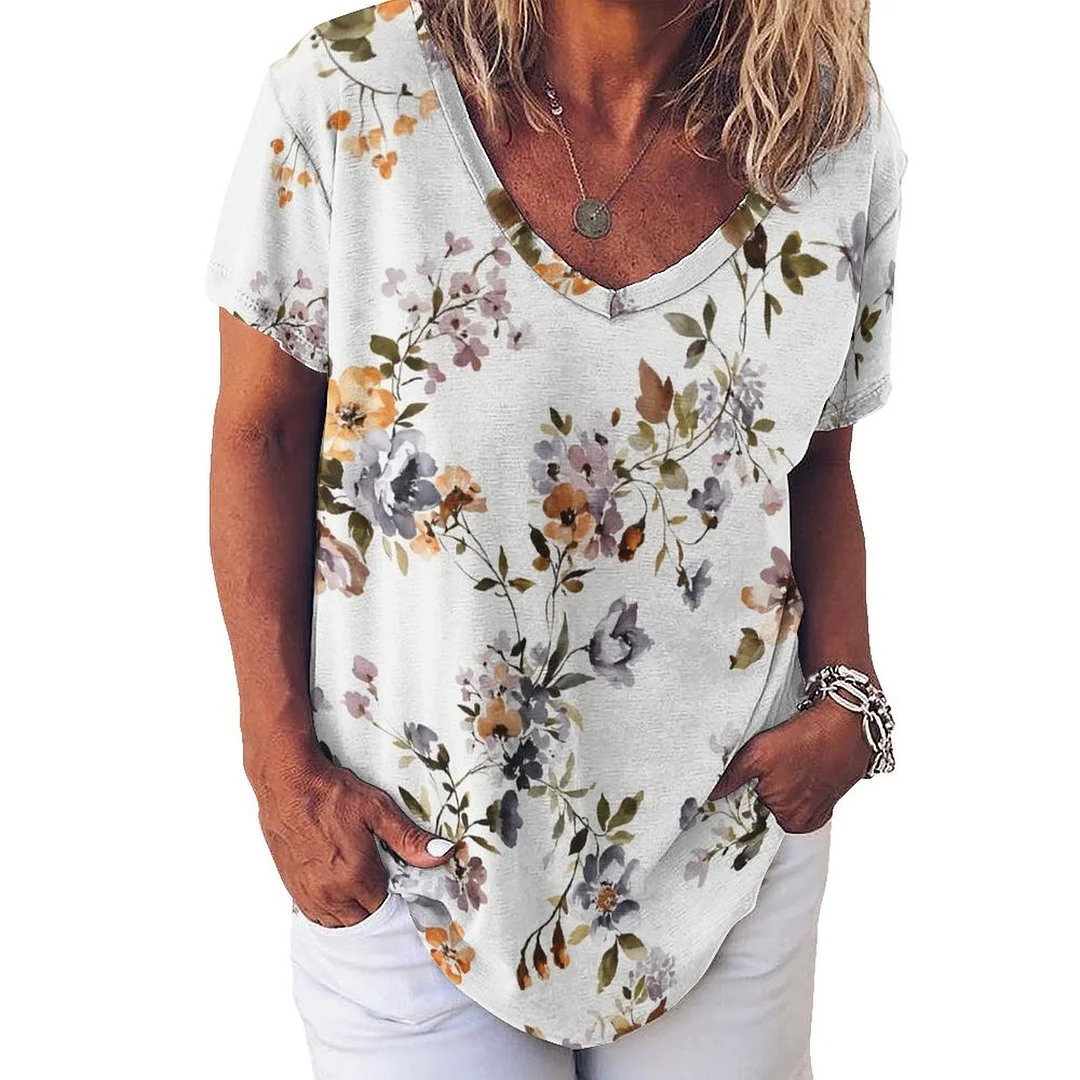 V-neck Short Sleeve Casual T-shirt for  Women Printed with Pattern Floral, Red, Yellow