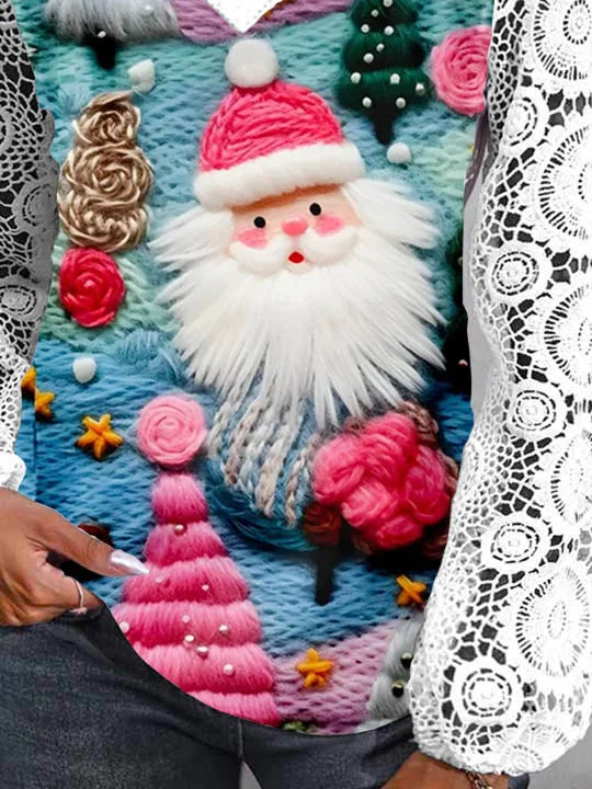 Women Long Sleeve V-neck Santa Claus Printed Lace Christmas Tops