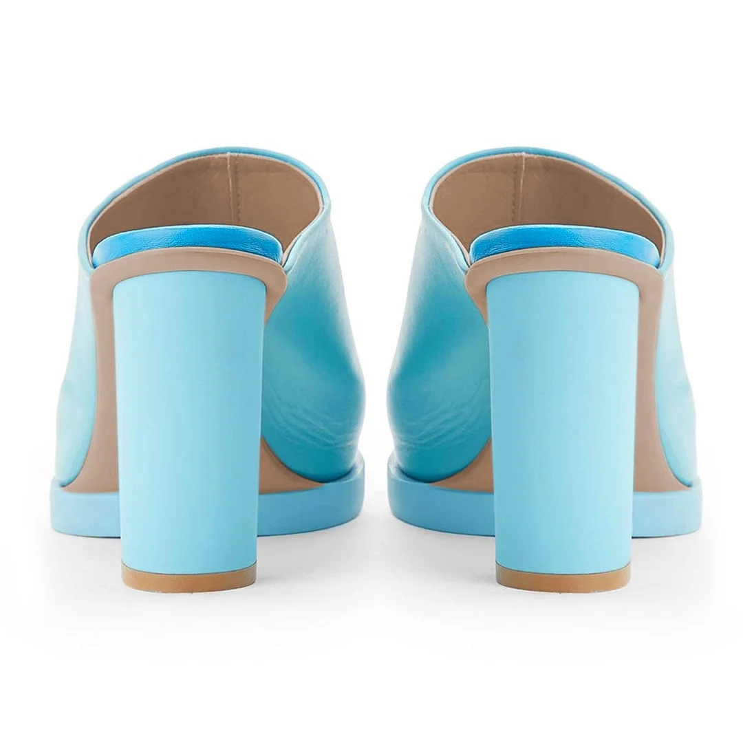 Sky Blue Open Toe Slip-On Chunky Heel Slide Shoes for Women