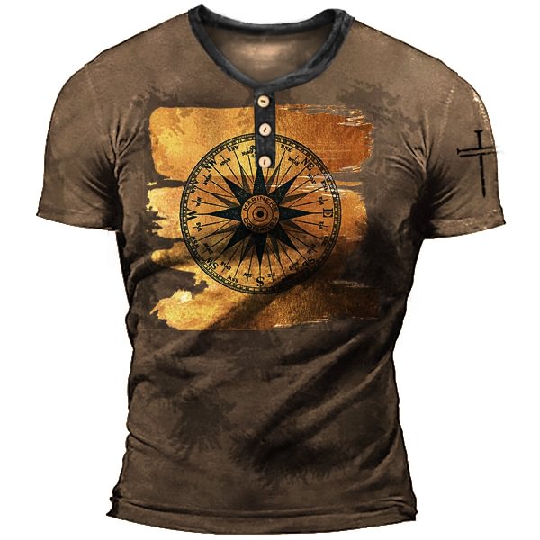 Brushed Gold Compass Rose Men's Vintage Nautical Henry Henley T-Shirt