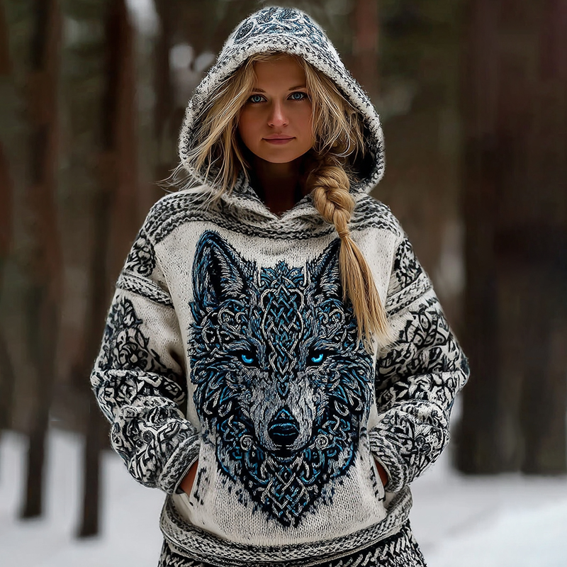 Women's Viking Celtic Knot With Wolf Head Art Cozy Knit Hooded Sweater elevenforest