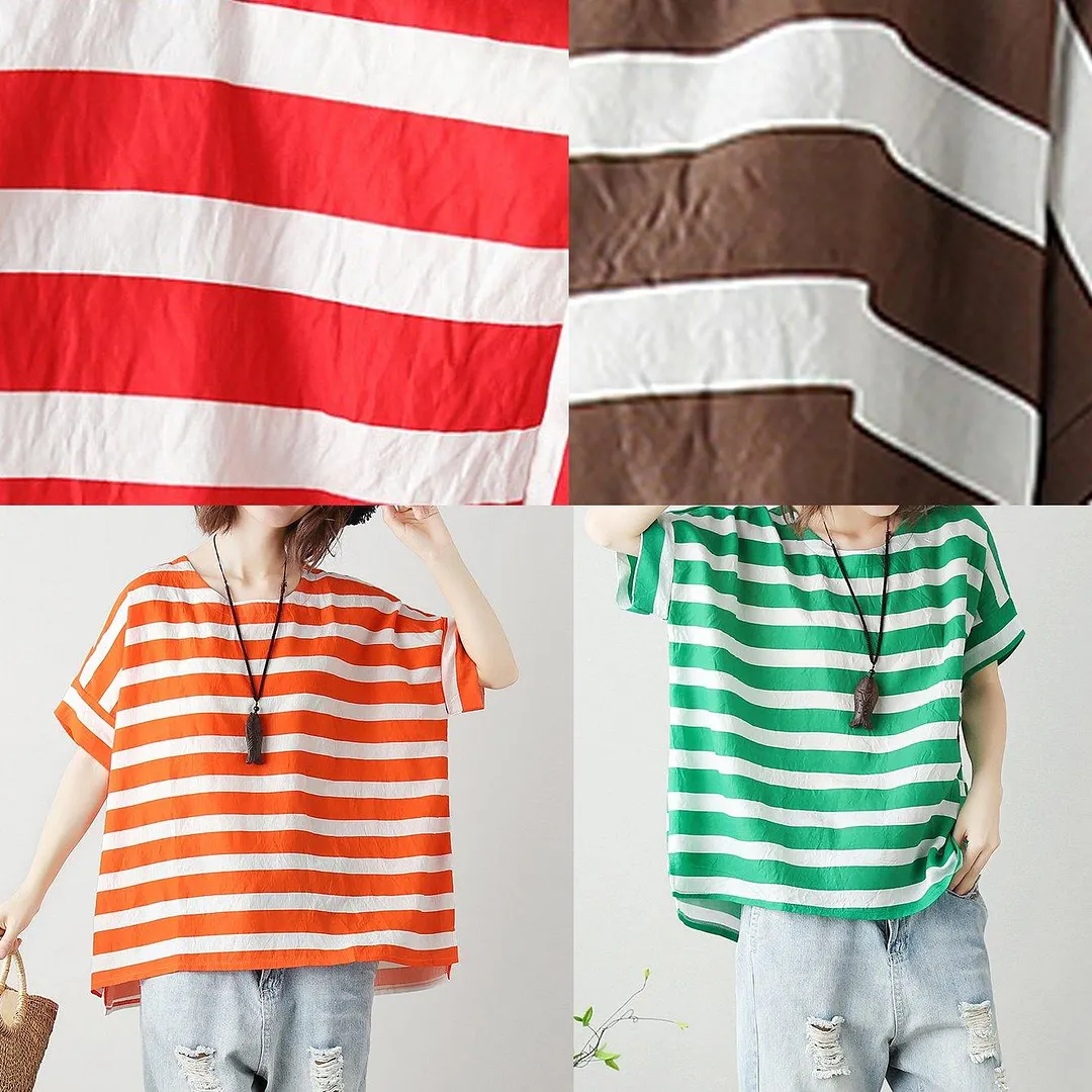 Women o neck Batwing Sleeve cotton tunic top Work chocolate striped shirt