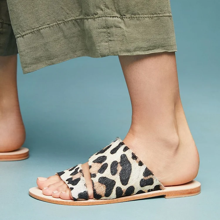 Leopard Print Calf Hair Open Toe Flat Slide Sandals for Women |FSJ Shoes