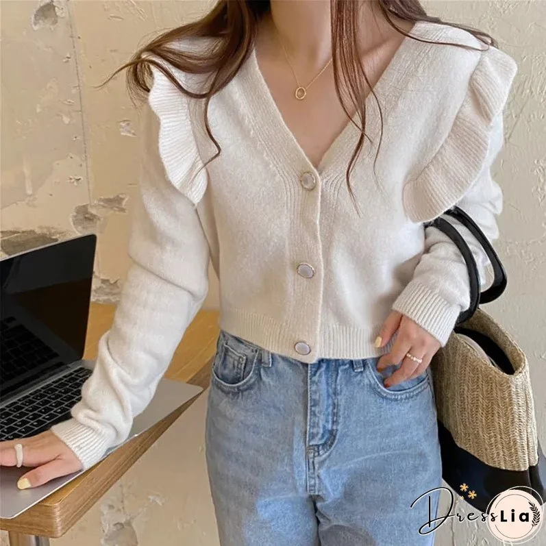 Joskka New Women's Autumn Winter Sweaters Buttons Cardigans Vintage Korean Knitted Ruffle Fashionable Elegant Lady Tops