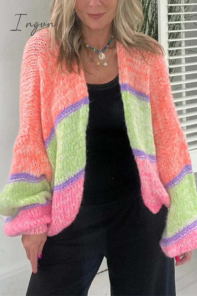Ingvn - Elegant Plaid Contrast Cardigan Collar Outerwear Pink Orange / S/M Outerwear/Knitted Jacket