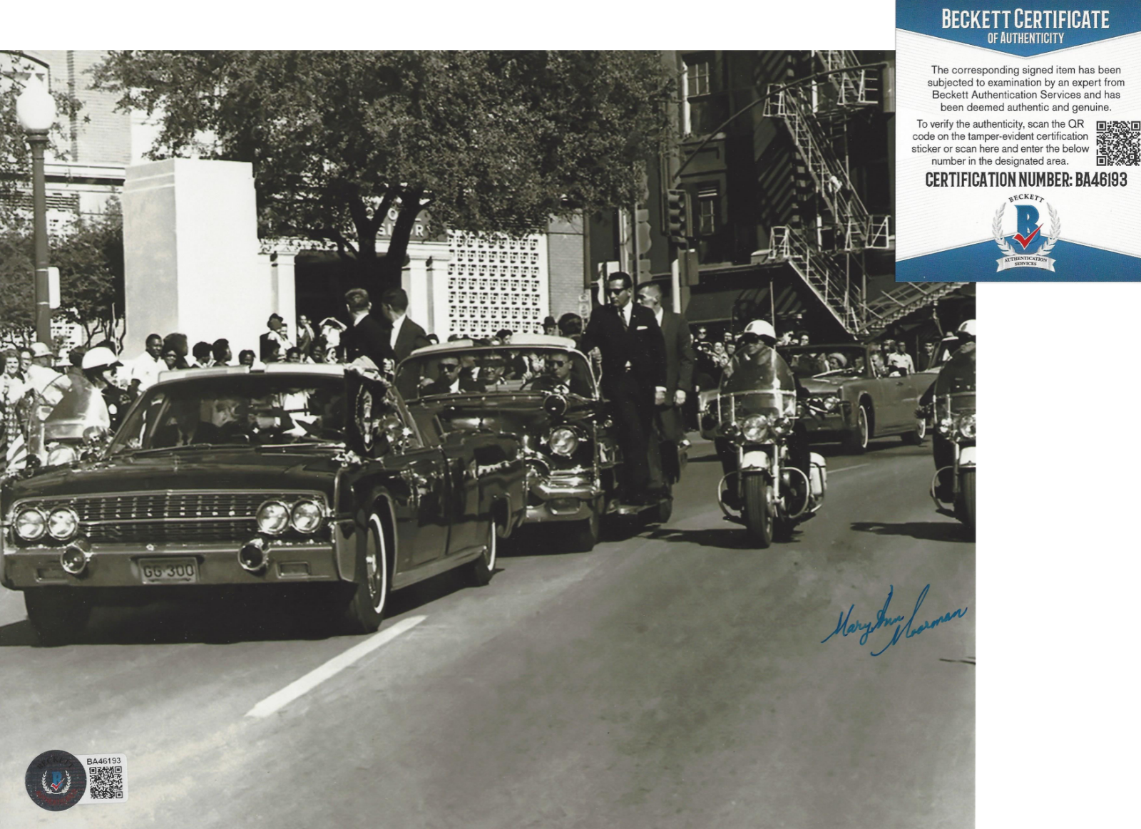 MARY ANN MOORMAN JFK ASSASSINATION WITNESS SIGNED 8x10 Photo Poster painting G BECKETT COA BAS