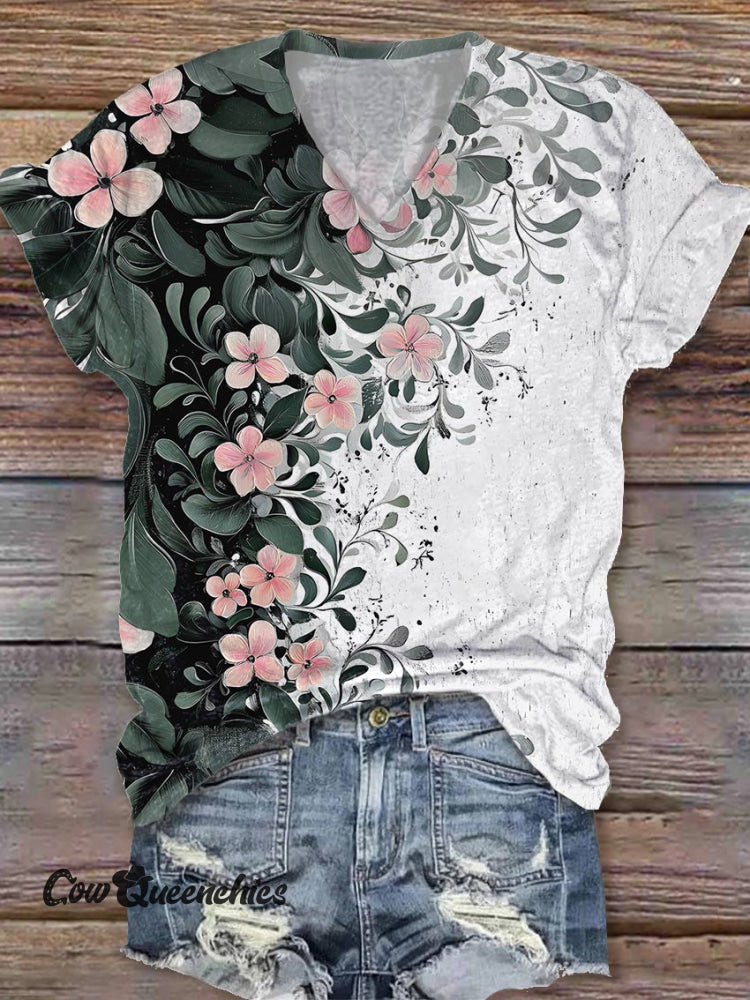 Women’s Flower V-neck Casual T-Shirt Multicolor / S
