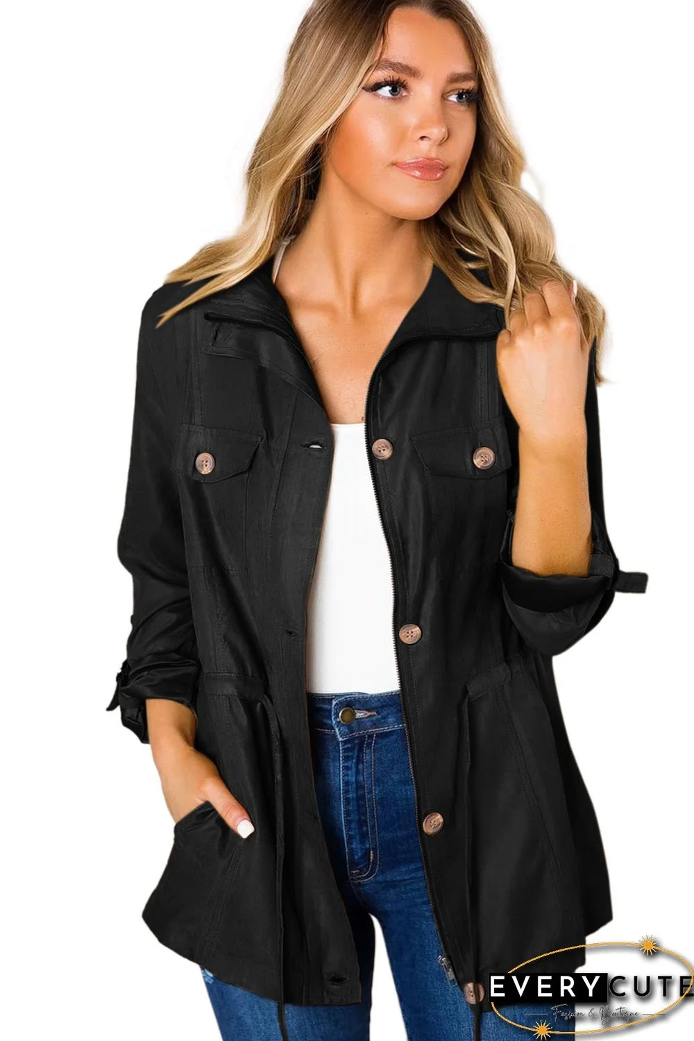 Black Bottoned Pockets Jacket