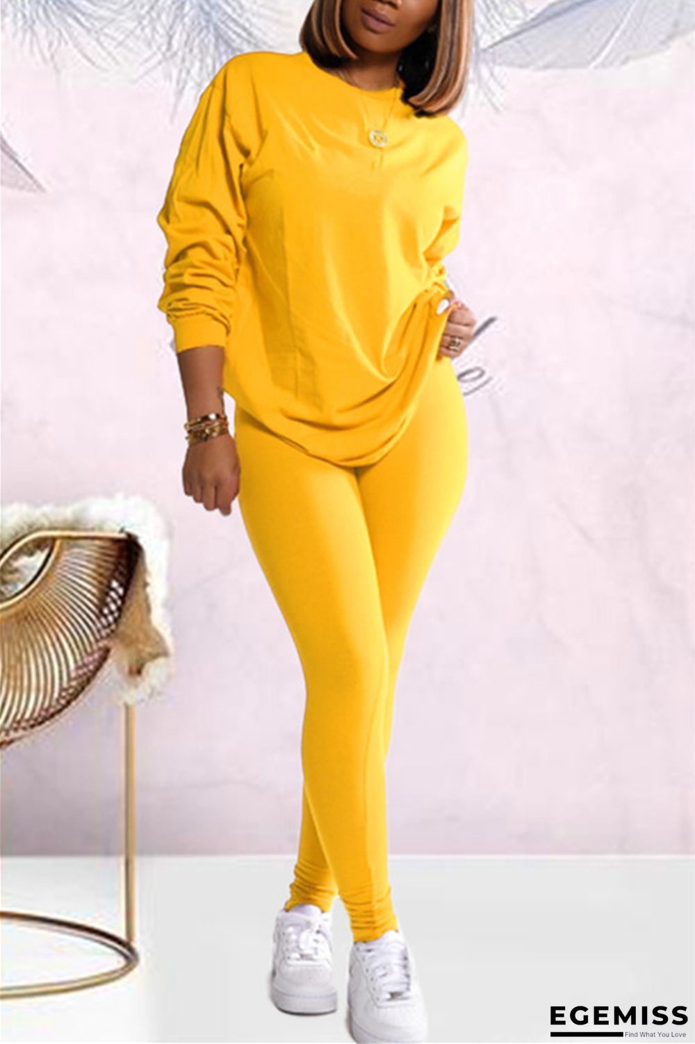 Yellow Fashion Casual Long Sleeve O Neck Regular Sleeve Regular Solid Two Pieces | EGEMISS