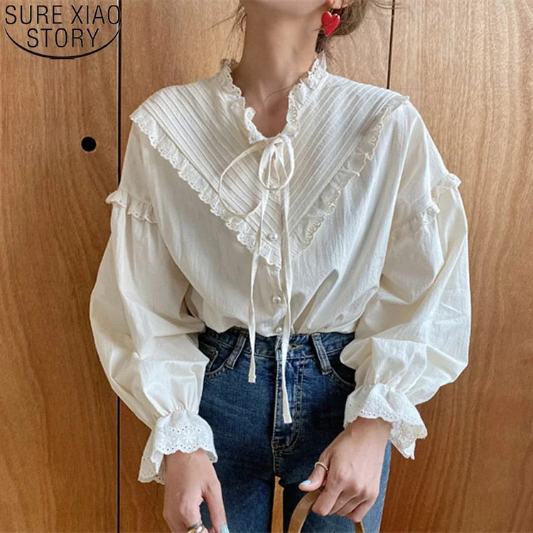 Vintage Casual Elegant Tops 2022 New Women Hollow Out Women Shirts Solid Long Sleeve Korean Style Bow Loose Blouses Blusas 9580